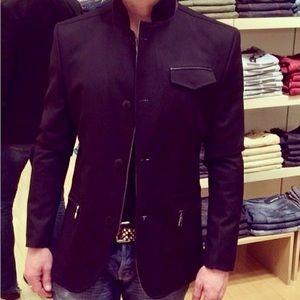 RNT23 stand collar sport coat with leather detail